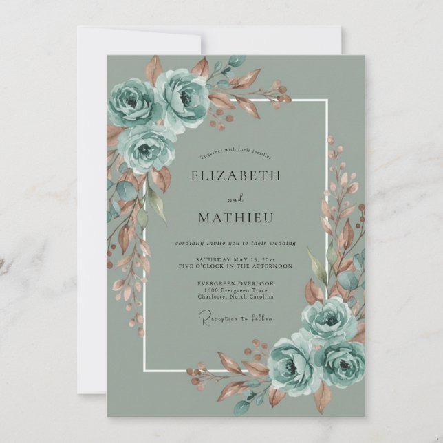 Invitación Florecimiento nupcial verde azulado (Anverso)