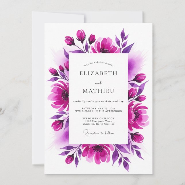 Invitación Florecimiento Pintoresco Magenta Boda (Anverso)