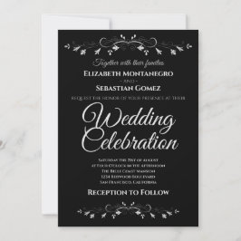 Invitación Florecimiento plateado en negro simple matrimonio 