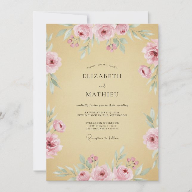 Invitación Florecimiento Romántico de Rosa Bodas (Anverso)