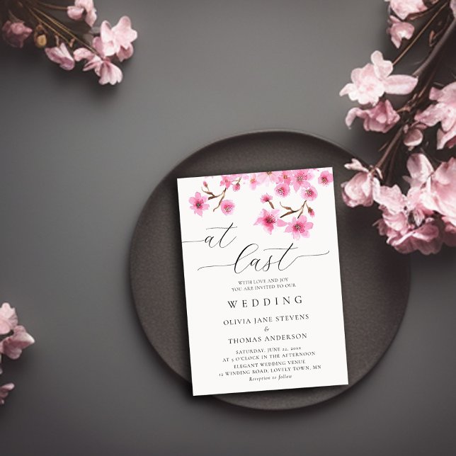 Invitación Florecimiento Rústico De Cerezo De Primavera Rosa  (cherry blossom wedding invitation watercolor modern casual elegant classy stylish chic card design)