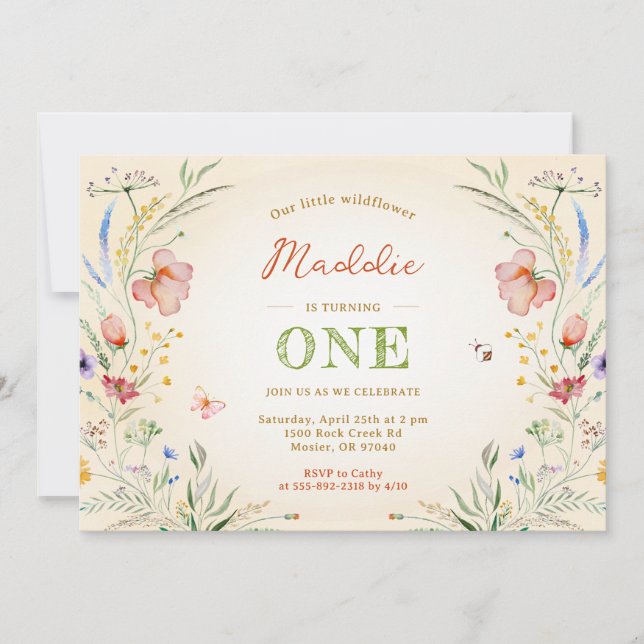 Invitación Florecimiento silvestre en un primer cumpleaños de (Anverso)