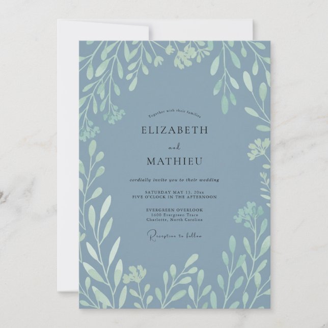 Invitación Florecimiento Verde Azul Pizarra Boda (Anverso)