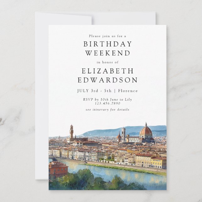 Invitación Florence Skyline Watercolor Birthday Weekend (Anverso)