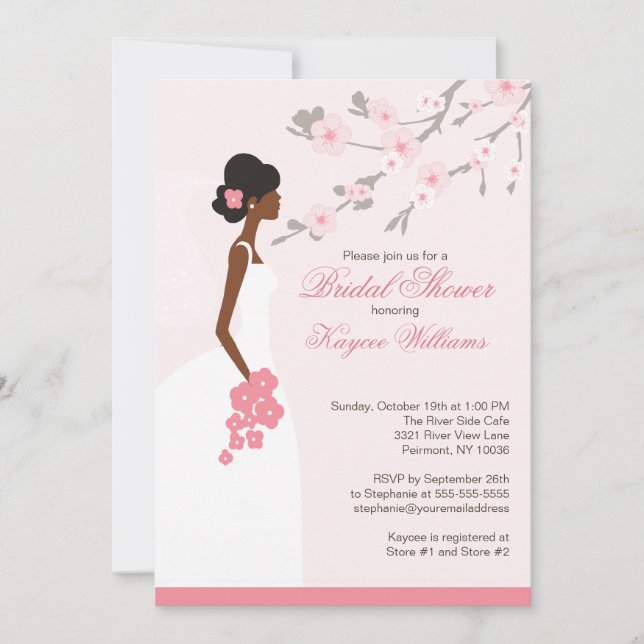 Invitación Florencia de cerezos en una ducha de novia afroame (Anverso)