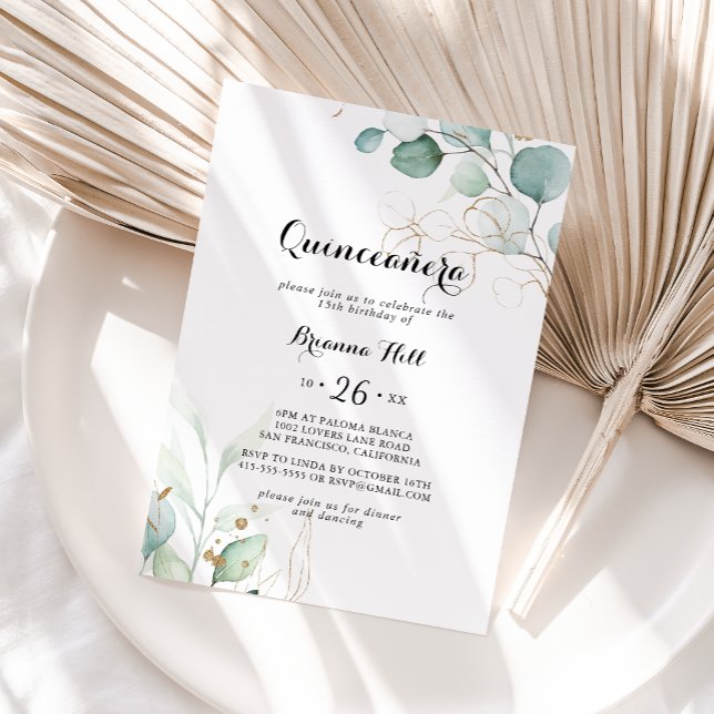 Invitación Florencia floral de oro de eucalipto ruso Quinceañ (Subido por el creador)