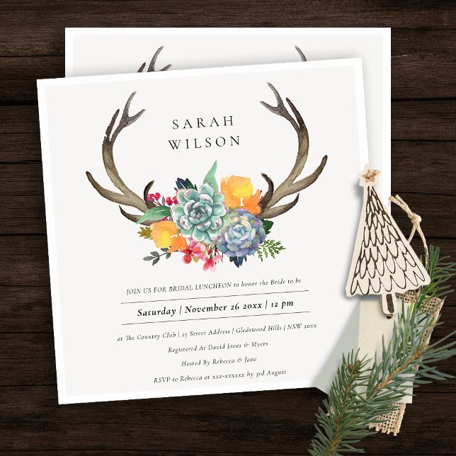 INVITACIÓN FLORENTE SUCULENTE ANTLER BOHEMIAN BRIDAL LUNCHEON (Subido por el creador)