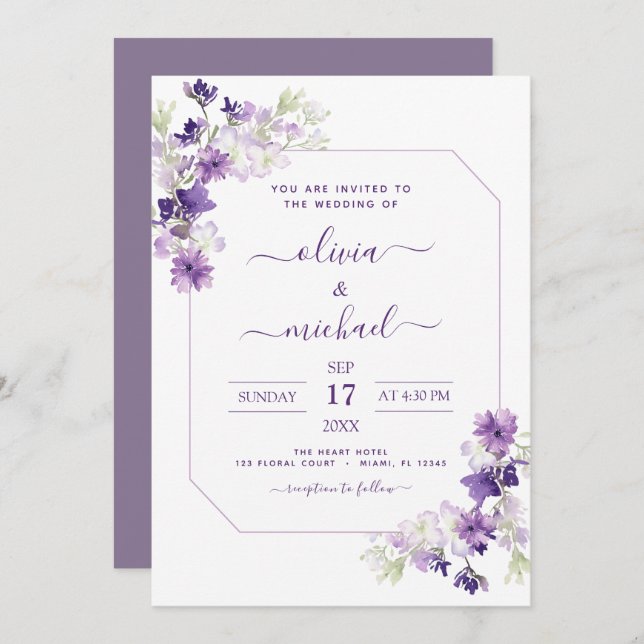 Invitación Florería Verde de Boda Morado Polvoriento (Anverso / Reverso)