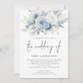 Invitación Flores 3 Fotos Código QR Boda Azul Polvoriento