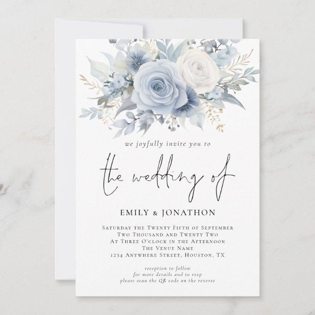 Invitación Flores 3 Fotos Código QR Boda Azul Polvoriento (Anverso)