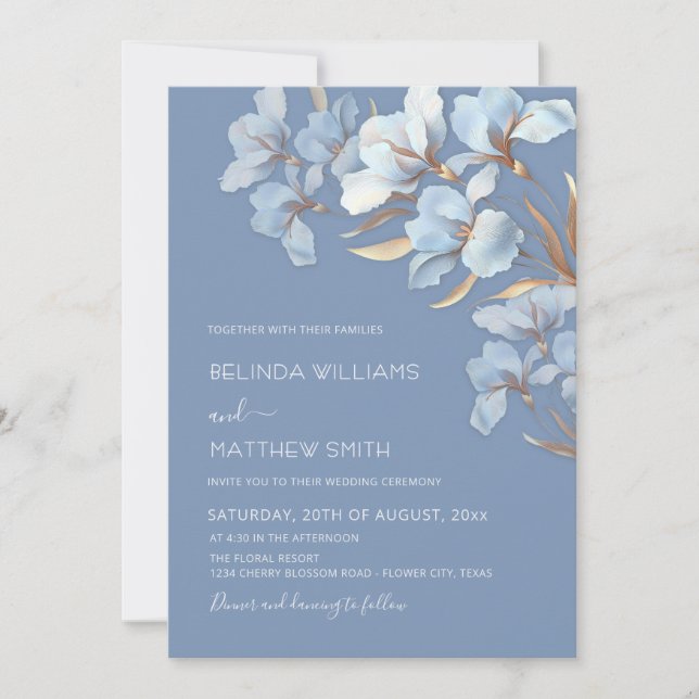 Invitación Flores 3D Blue Gold  (Anverso)