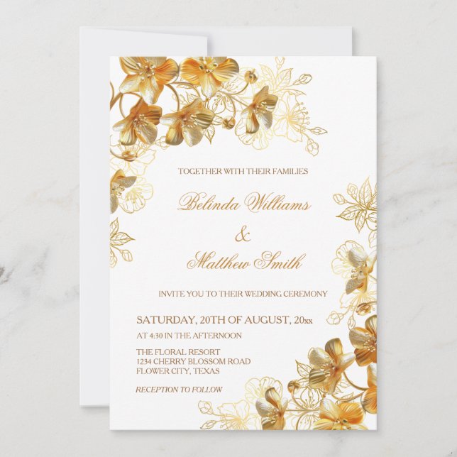 Invitación Flores 3D doradas blancas (Anverso)