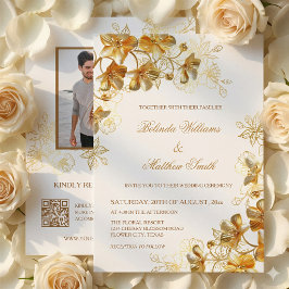 Invitación Flores 3D doradas blancas