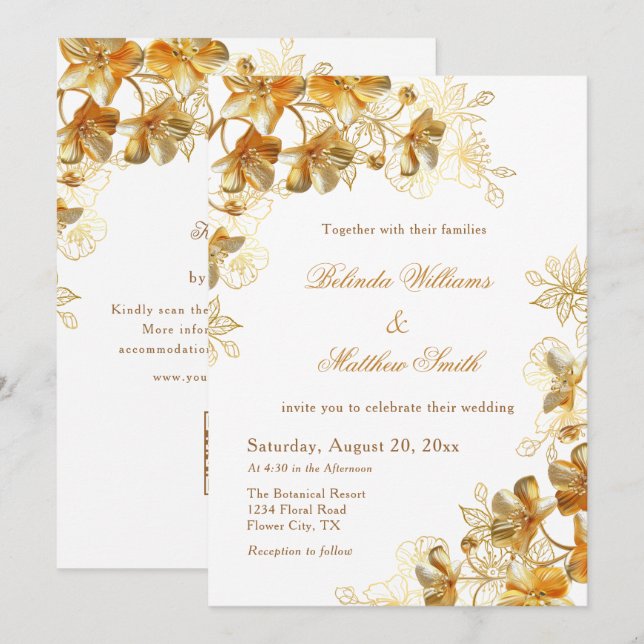 Invitación Flores 3D Doradas Blancas (Anverso / Reverso)
