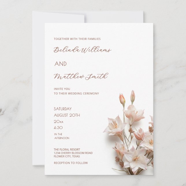 Invitación Flores 3D Elegantes Rosa Rubor  (Anverso)