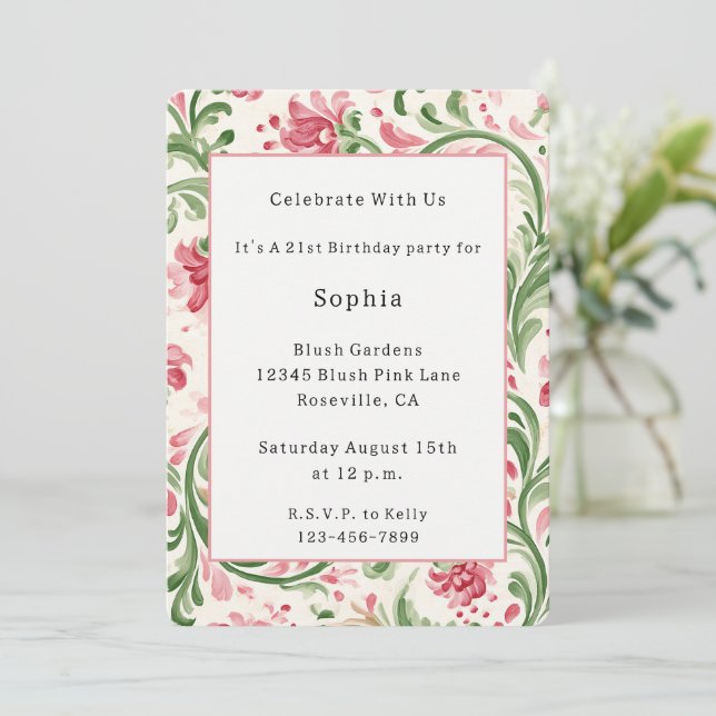 Invitación Flores abstractas de crema rosa Cumpleaños  (Anverso de pie)
