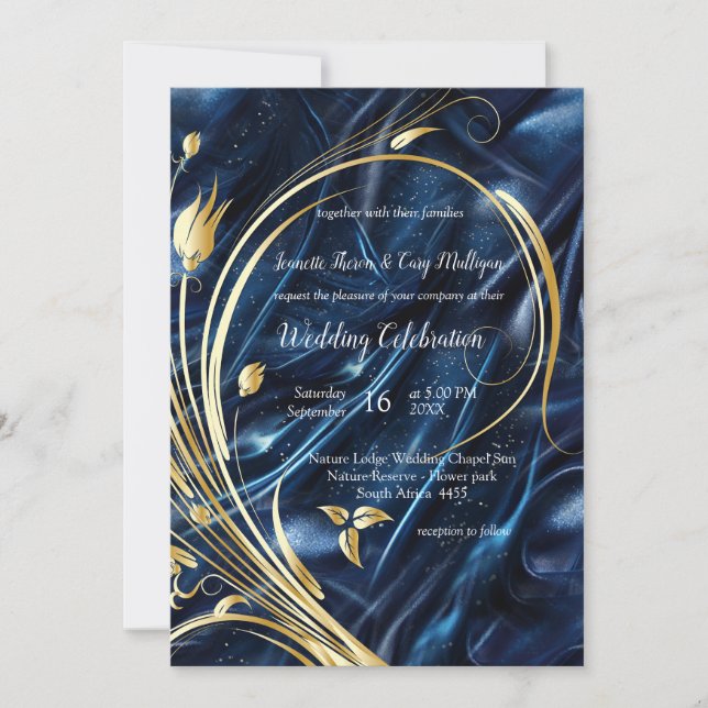 Invitación Flores abstractas de oro en la seda azul Simmery (Anverso)