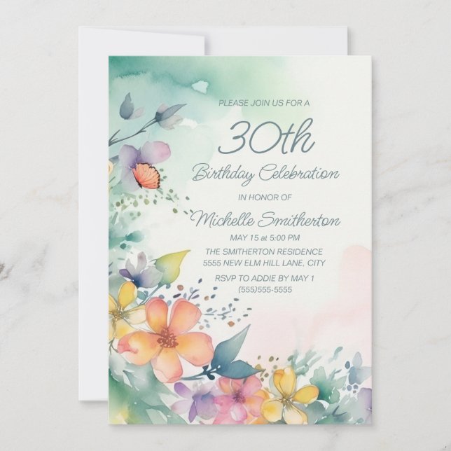 Invitación Flores acuarela azul verde rosa amarillo Cumpleaño (Anverso)