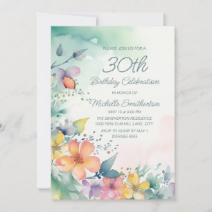 Invitación Flores acuarela azul verde rosa amarillo Cumpleaño