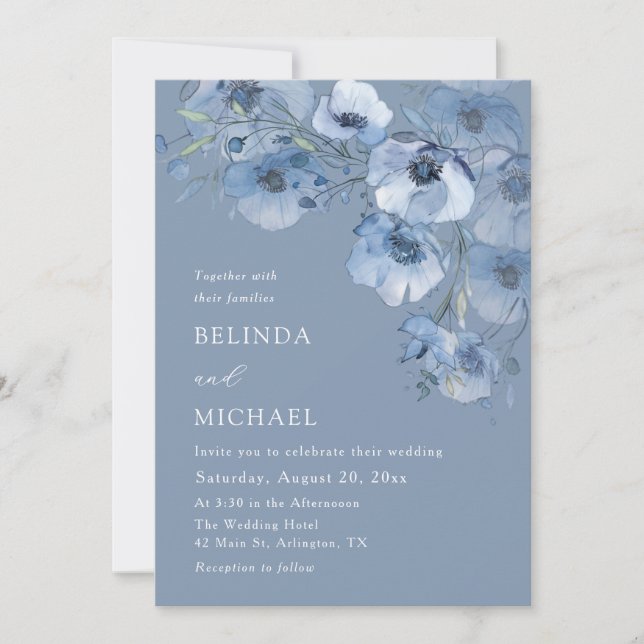 Invitación Flores Acuarela Azules Blancas (Anverso)