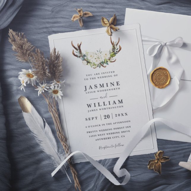Invitación Flores Acuarela Blanca Cuerno Boda Rústica (Subido por el creador)