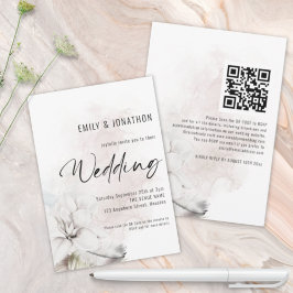 Invitación Flores Acuarela Blanca Modernas Código QR Boda