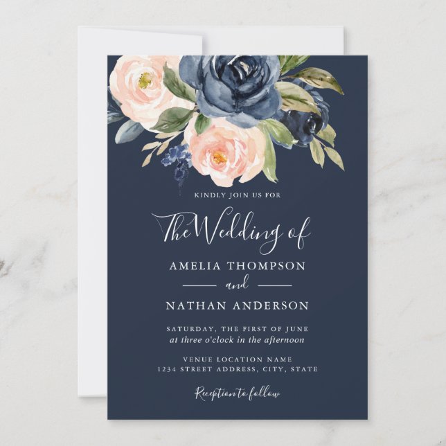 Invitación Flores Acuarela Bodas Melocotón Azul Marino (Anverso)