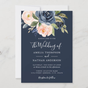 Invitación Flores Acuarela Bodas Melocotón Azul Marino