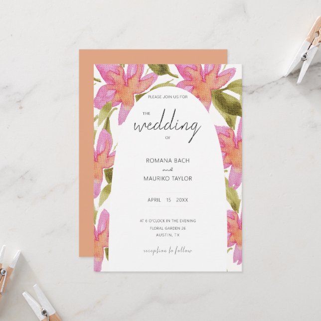 Invitación Flores Acuarela Boho Rosa Pastel (Anverso/Reverso In Situ)