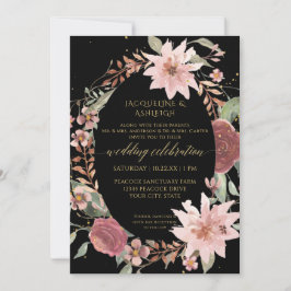 Invitación Flores Acuarela Elegantes Malhumoradas Negro Rosad