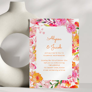 Invitación Flores Acuarela Naranja Rosa Bodas Guión Bonito