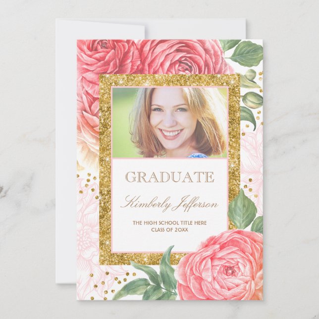 Invitación Flores acuarela Oro y Graduación de Foto Rosa (Anverso)