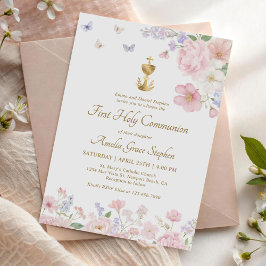 Invitación Flores Acuarela Pastel Primera Comunión