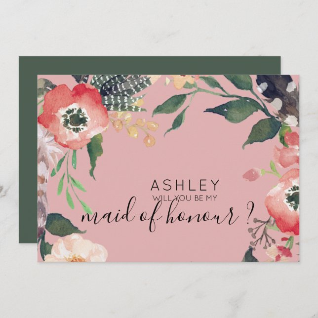 Invitación Flores Acuarela ¿Quieres Ser Mi Dama de Honor Nomb (Anverso / Reverso)