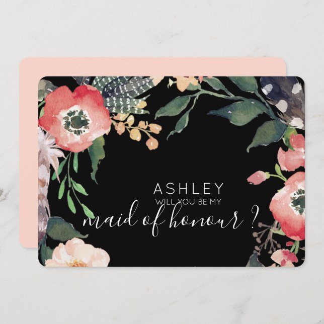 Invitación Flores Acuarela ¿Quieres Ser Mi Dama de Honor Nomb (Anverso / Reverso)