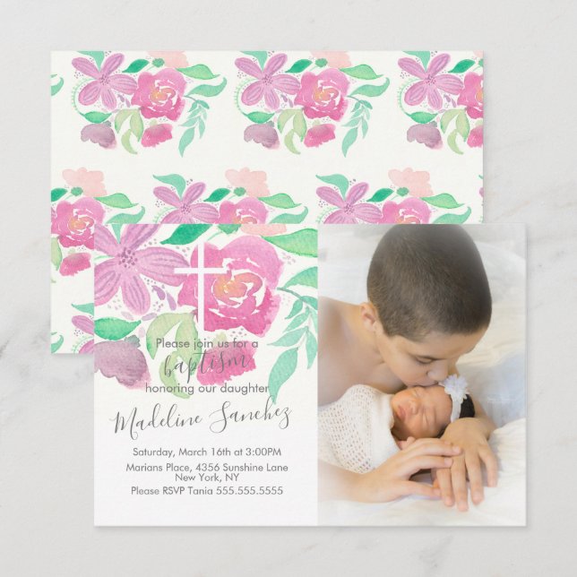Invitación Flores Acuarela Rosa Bautizo  (Anverso / Reverso)