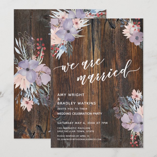 Invitación Flores Acuarela Rústicas Boho Estamos Casados (Anverso / Reverso)