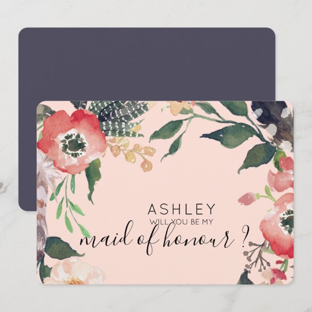 Invitación Flores Acuarela ¿Serás Mi Dama de Honor Nombre (Anverso / Reverso)