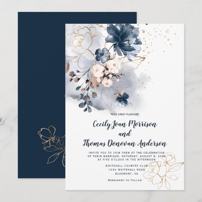 Invitación Flores acuarelas azules, doradas y azul marina (Anverso / Reverso)