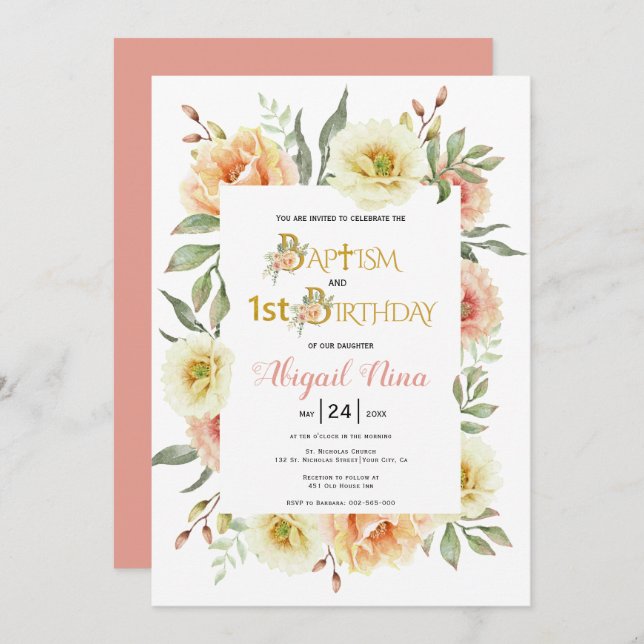 Invitación Flores acuarelas bautismo chica y primer cumpleaño (Anverso / Reverso)