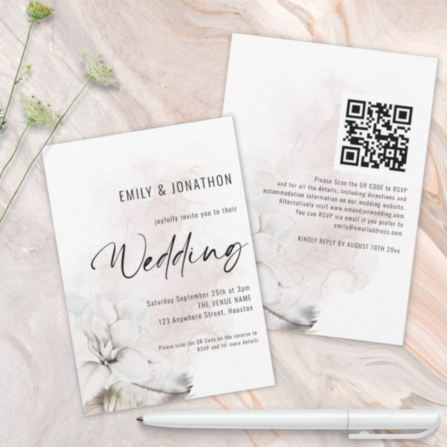 Invitación Flores Acuarelas Blancas Modernas Código QR Boda (Subido por el creador)