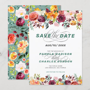 Invitación Flores acuarelas coloridas y acento caligráfico