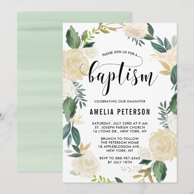 Invitación Flores acuarelas con bautismo Purpurina de oro (Anverso / Reverso)