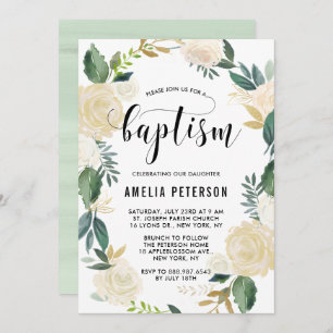 Invitación Flores acuarelas con bautismo Purpurina de oro
