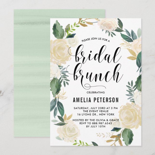 Invitación Flores acuarelas con brunch de novias Purpurina de (Anverso / Reverso)