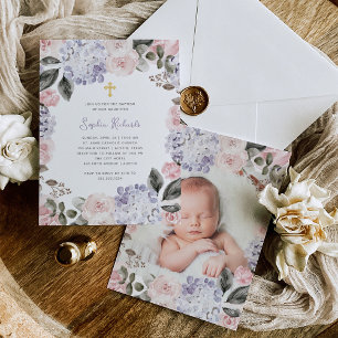 Invitación Flores acuarelas de bonito y foto   Bautismo