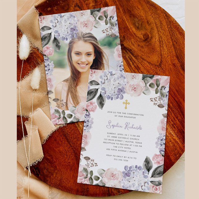Invitación Flores acuarelas de bonito y foto | Confirmación (Subido por el creador)