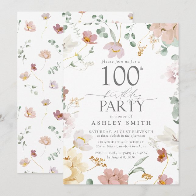 Invitación Flores acuarelas de la fiesta de cumpleaños 100 de (Anverso / Reverso)