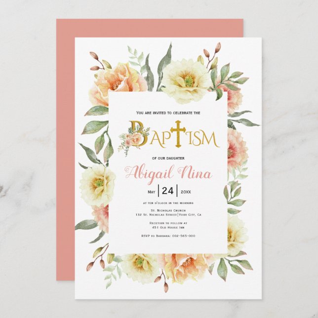 Invitación Flores acuarelas de melodía chica bautismo floral (Anverso / Reverso)