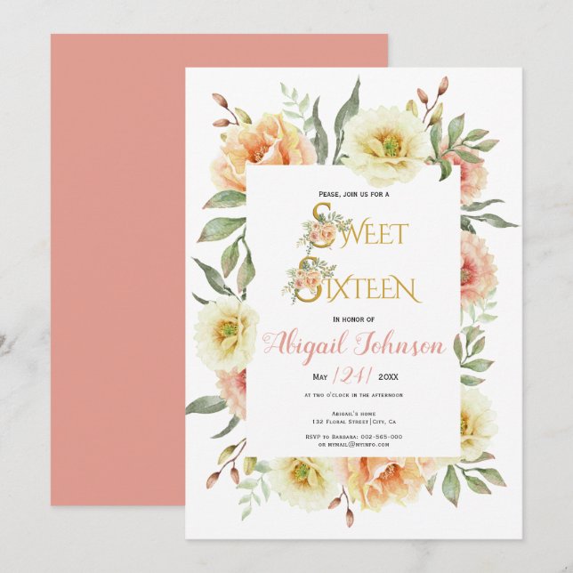 Invitación Flores acuarelas de melodía dulce de dieciséis año (Anverso / Reverso)